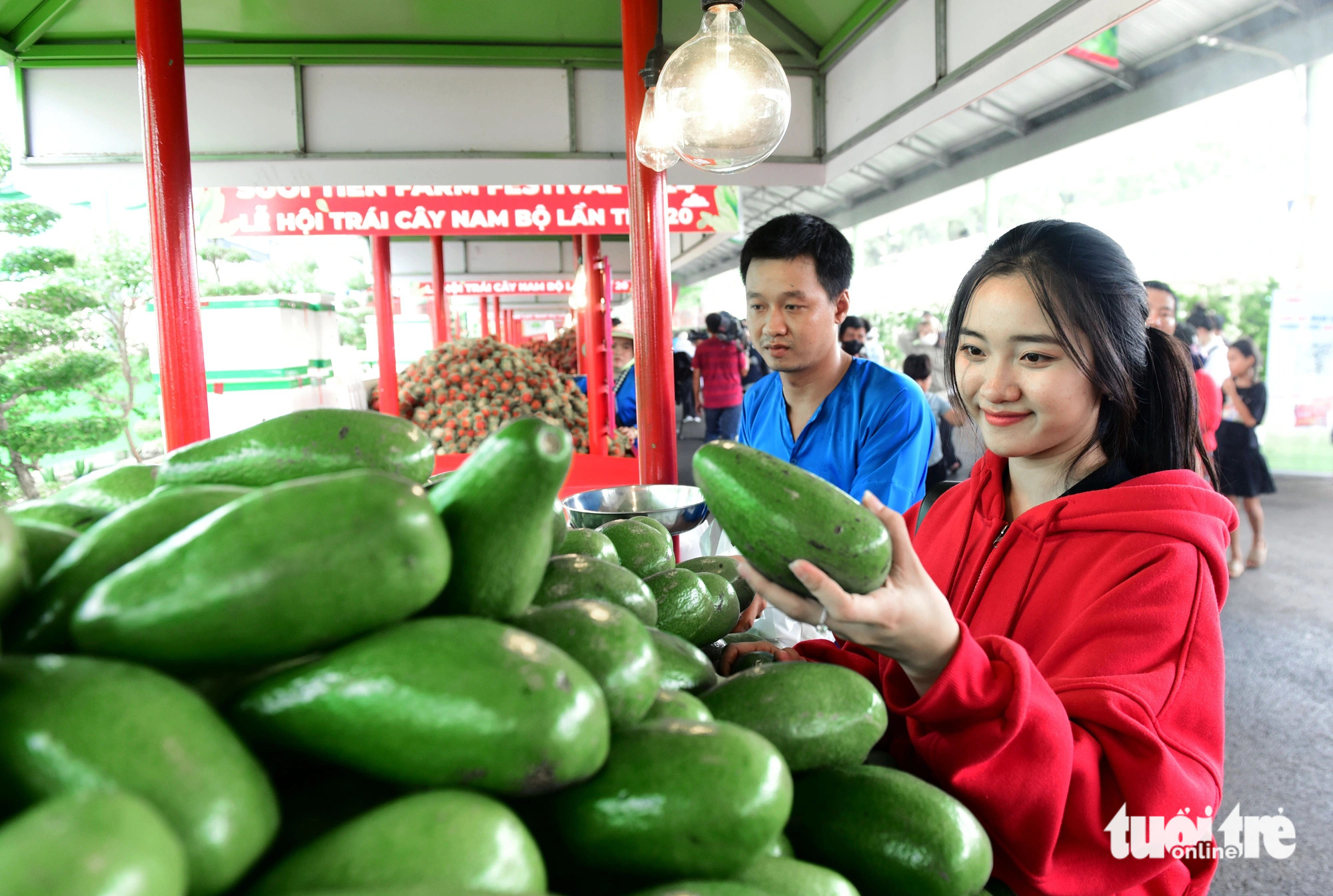 Hoa thơm trái ngọt ngập tràn Lễ hội Trái cây Nam Bộ 2024- Ảnh 1. Bạn Nguyệt Tâm chọn những trái bơ sáp Đắk Lắk để làm quà