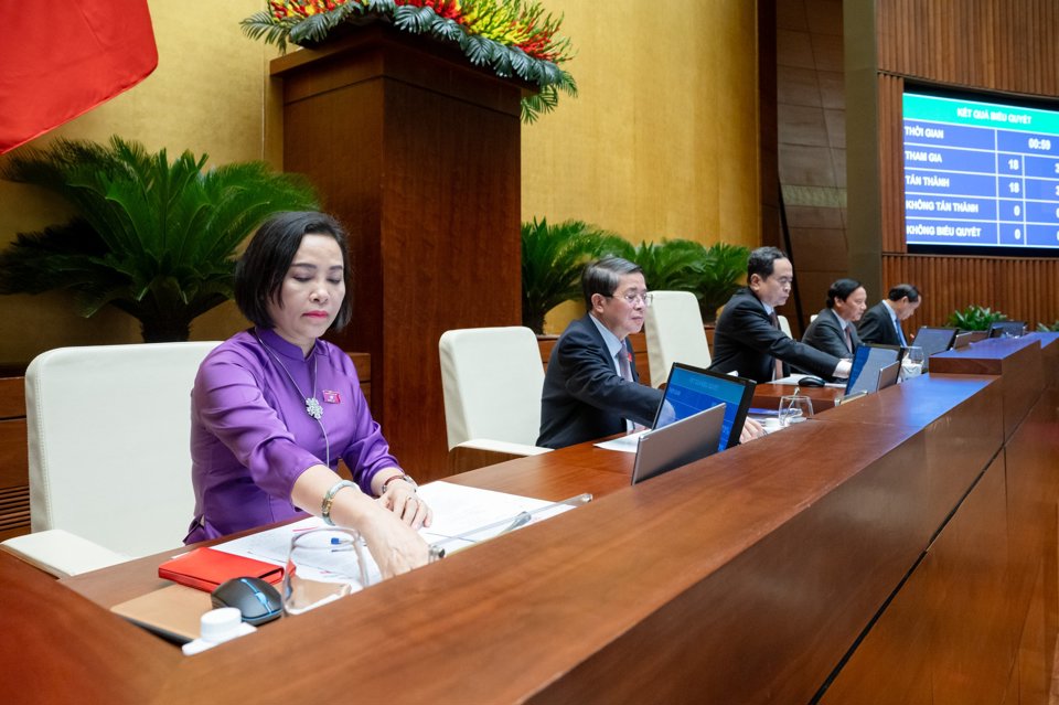 Lãnh đạo Quốc hội ấn nút biểu quyết thông qua Nghị quyết về Chương trình xây dựng luật, pháp lệnh năm 2025, điều chỉnh Chương trình xây dựng luật, pháp lệnh năm 2024 - Ảnh: Quochoi.vn