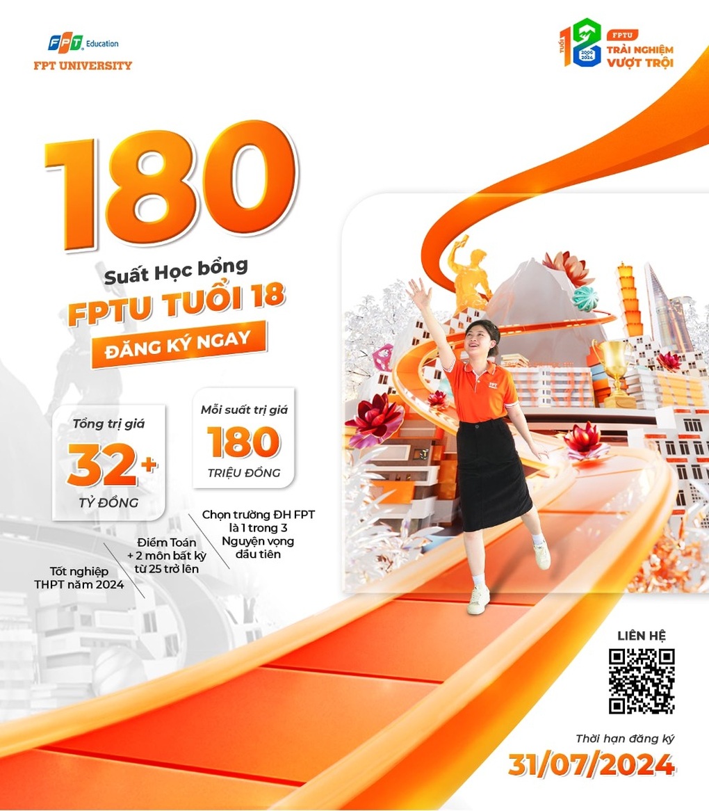 Trường Đại học FPT triển khai 180 suất Học bổng FPTU tuổi 18 - 1 Trường Đại học FPT triển khai 180 suất Học bổng FPTU tuổi 18 - 1