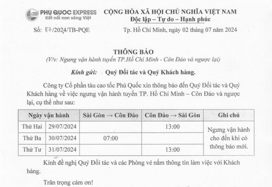 Tạm dừng tuyến tàu cao tốc TP.HCM - Côn Đảo từ 29/7- Ảnh 1. Tạm dừng tuyến tàu cao tốc TP.HCM - Côn Đảo từ 29/7- Ảnh 1.