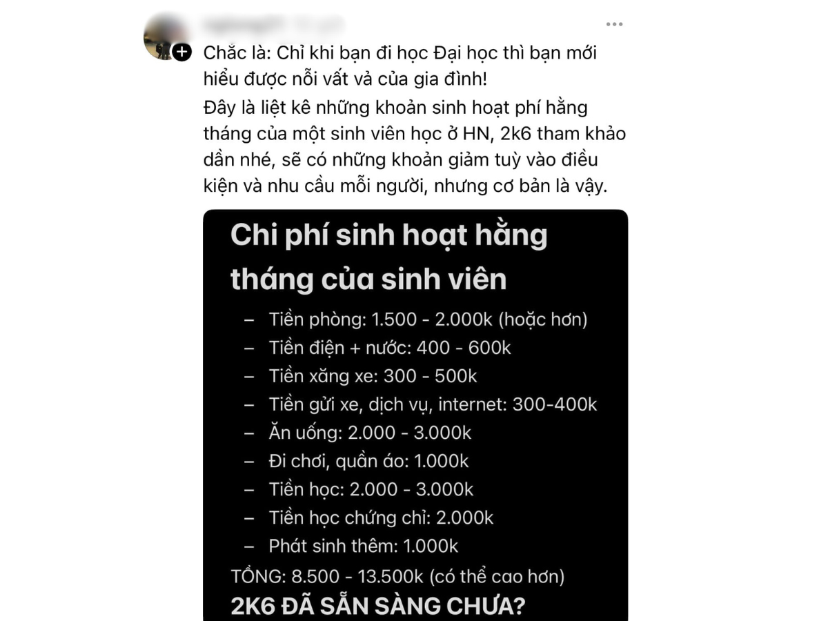 Tranh cãi sinh viên tiêu hơn 13,5 triệu đồng/tháng nhiều hay ít - Ảnh 1. Bài chia sẻ đang gây nhiều tranh cãi của cộng đồng mạng - Ảnh chụp màn hình