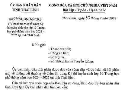 Bất thường điểm thi vào lớp 10: Xem xét tạm đình chỉ Giám đốc Sở GD-ĐT Thái Bình- Ảnh 1. Bất thường điểm thi vào lớp 10: Xem xét tạm đình chỉ Giám đốc Sở GD-ĐT Thái Bình- Ảnh 1.