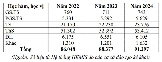 Thống kê từ Hệ thống cơ sở dữ liệu về giáo dục đại học do Bộ xây dựng và quản lý thống nhất (HEMIS), năm 2024, cả nước có 743 giáo sư đang công tác tại các cơ sở giáo dục đại học.