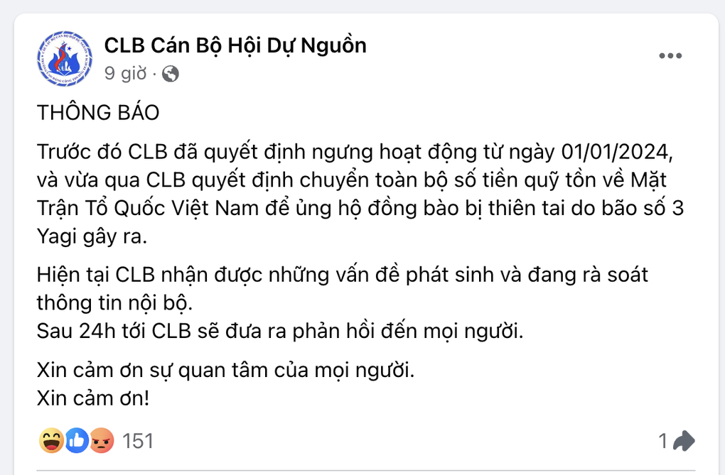 Làm rõ việc 1 câu lạc bộ rút ruột 90% số tiền ủng hộ người dân vùng lũ - 2 Làm rõ việc 1 câu lạc bộ rút ruột 90% số tiền ủng hộ người dân vùng lũ - 2