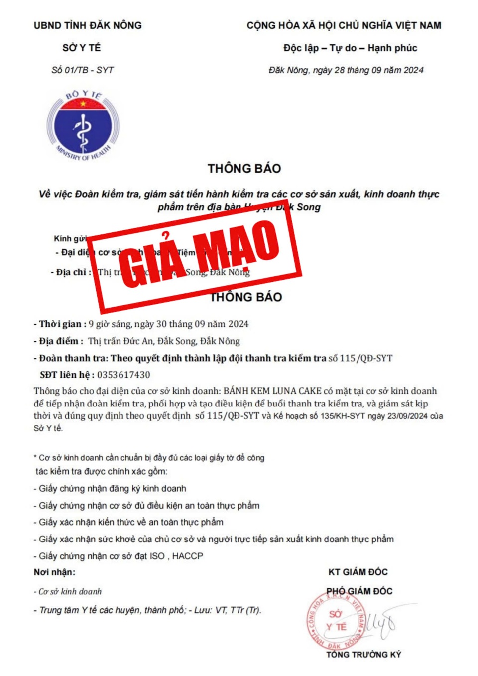Văn bản mạo danh Sở Y tế tỉnh Đắk Nông và có dấu đỏ kèm theo logo của ngành Y tế.