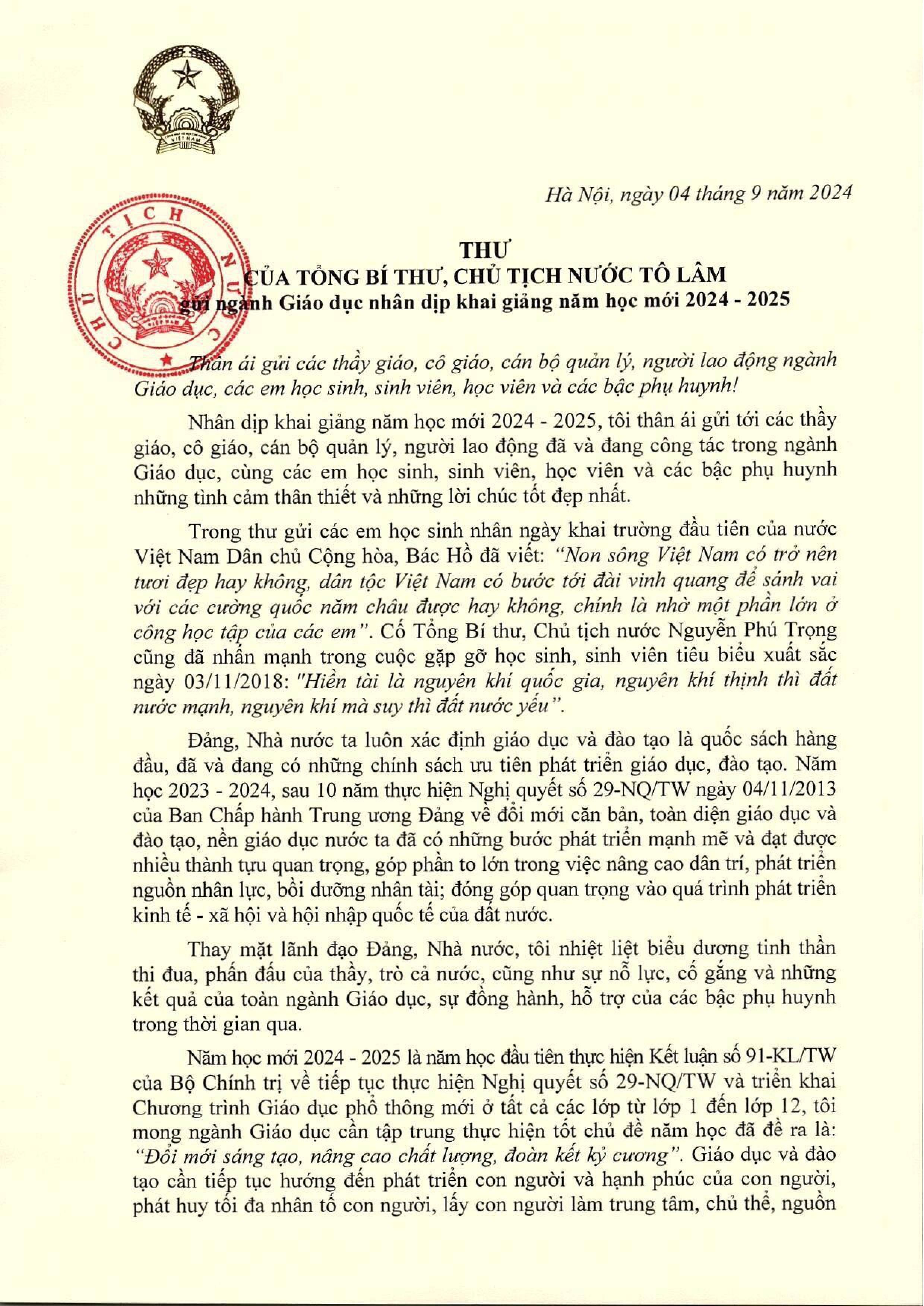 Thư khai giảng của Tổng bí thư, Chủ tịch nước Tô Lâm nhân dịp năm học mới 2024 - 2025 - Ảnh 2.