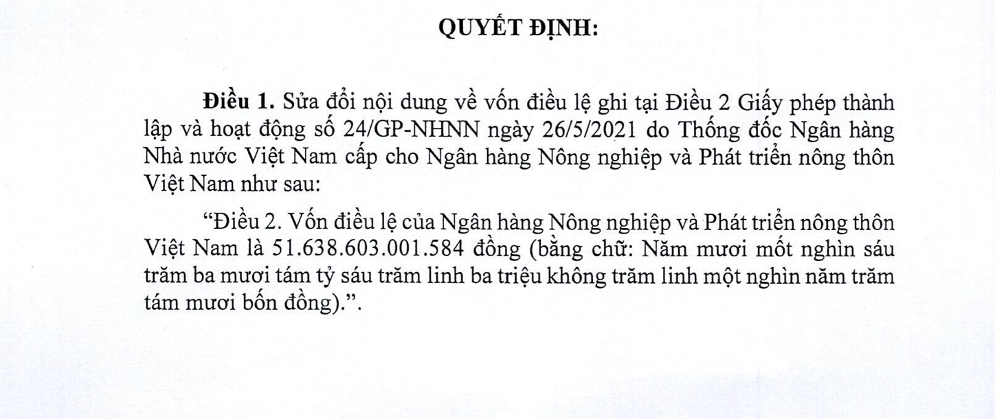 Agribank chính thức tăng vốn điều lệ lên gần 52.000 tỷ đồng- Ảnh 1. Agribank chính thức tăng vốn điều lệ lên gần 52.000 tỷ đồng- Ảnh 1.