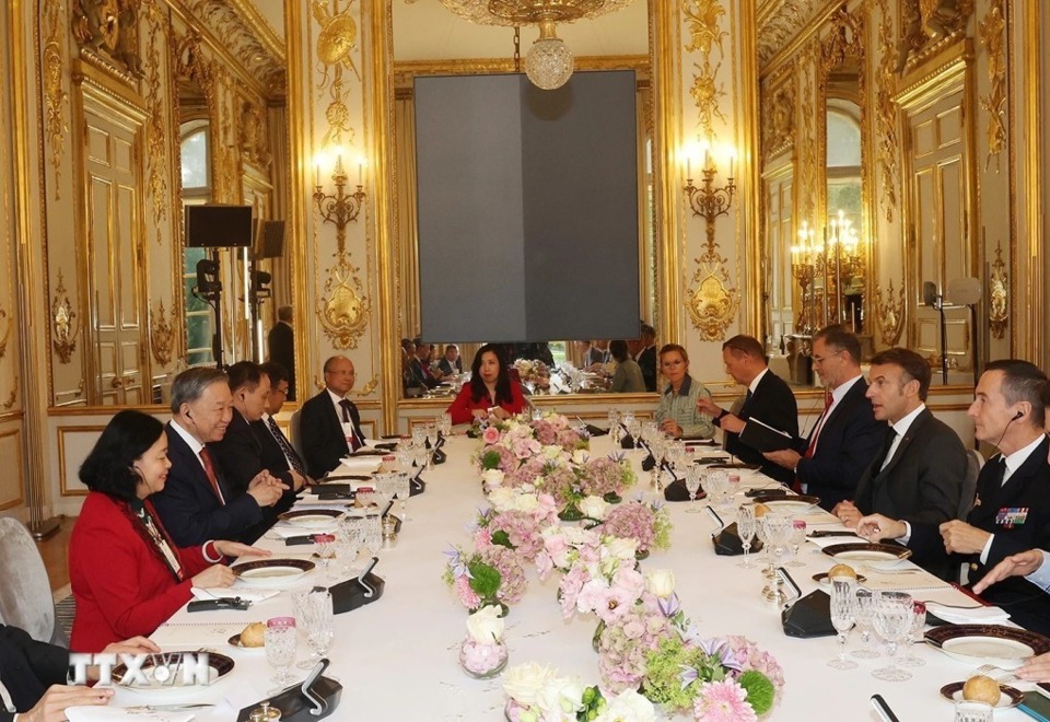 Tổng Bí thư, Chủ tịch nước Tô Lâm tại cuộc hội đàm với Tổng thống Pháp Emmanuel Macron. Ảnh: TTXVN