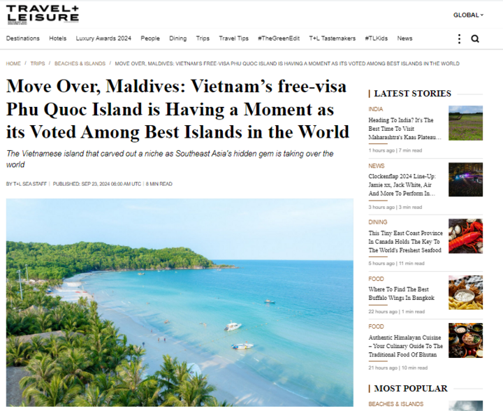 Travel + Leisure ca ngợi Nam đảo Phú Quốc 'hấp dẫn không thể cưỡng lại' Travel + Leisure ca ngợi Nam đảo Phú Quốc 'hấp dẫn không thể cưỡng lại'