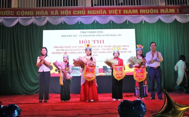 Đại diện lãnh đạo Ban Dân tộc tỉnh, UBND huyện Ngọc Lặc trao cờ lưu niệm, chúc mừng các đội tham gia hội thi Đại diện lãnh đạo Ban Dân tộc tỉnh, UBND huyện Ngọc Lặc trao cờ lưu niệm, chúc mừng các đội tham gia hội thi