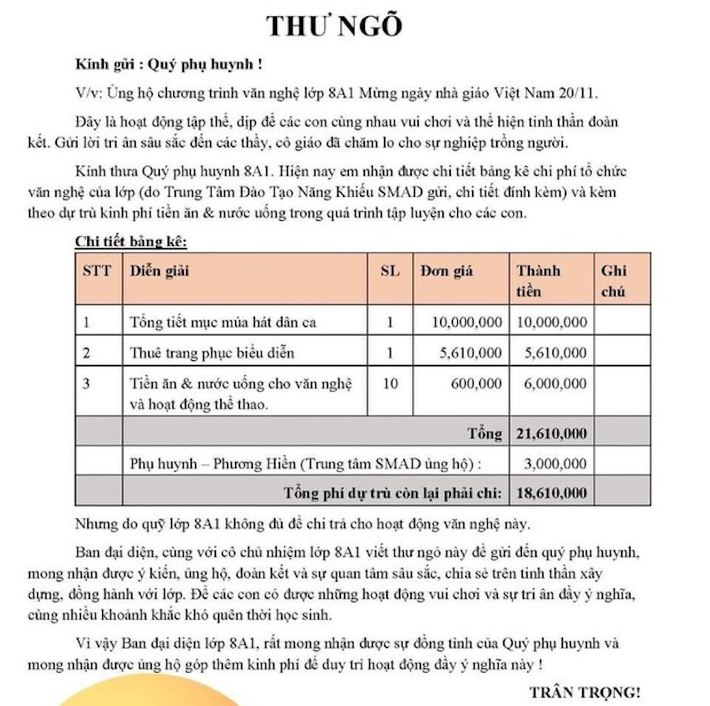 Một lớp kêu gọi phụ huynh góp gần 22 triệu đồng cho ngày 20/11 gây tranh cãi: