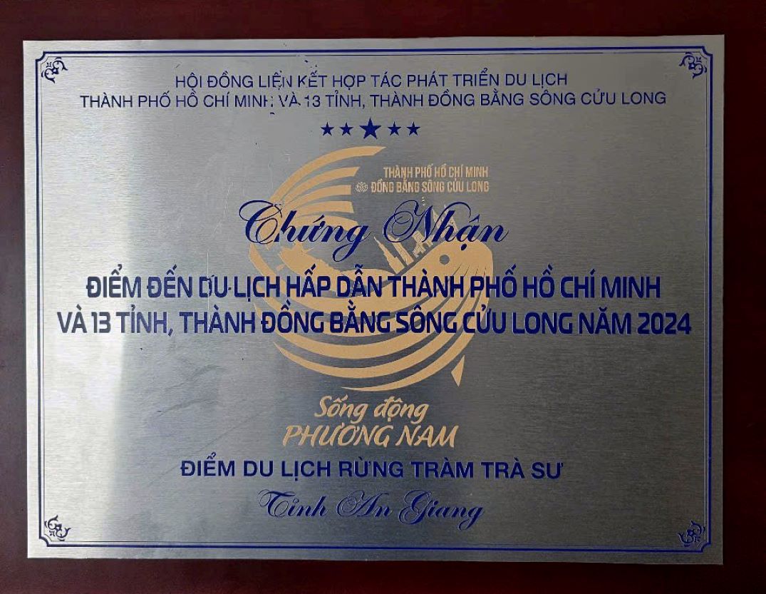 Chứng nhận Rừng tràm Trà Sư là “Điểm đến du lịch hấp dẫn TP Hồ Chí Minh và 13 tỉnh, thành Đồng bằng sông Cửu Long năm 2024”. Ảnh: Điểm du lịch Rừng tràm Trà Sư.