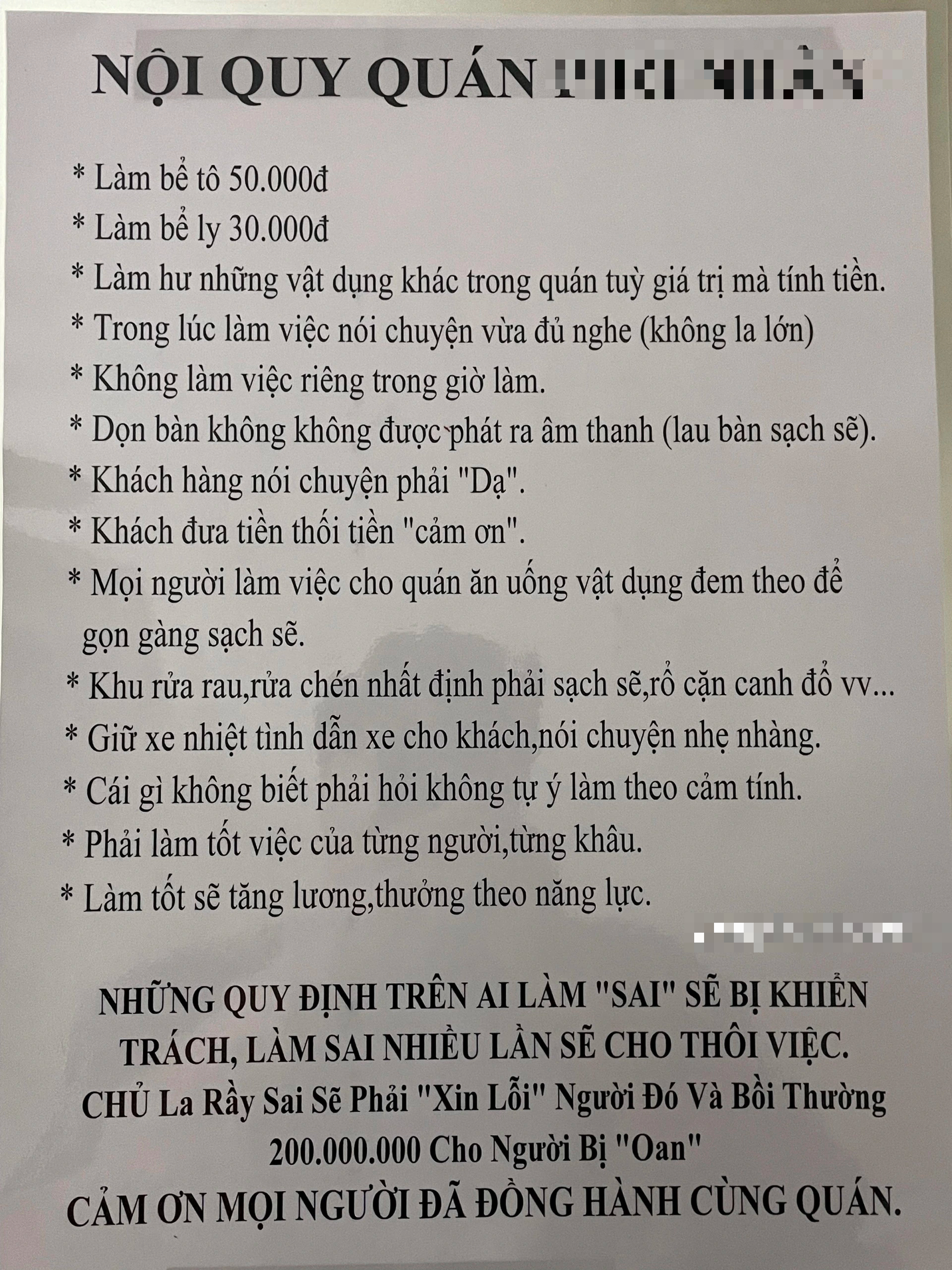 Sự thật bảng nội quy chủ quán phở đền 200 triệu đồng nếu trách oan nhân viên- Ảnh 1. Sự thật bảng nội quy chủ quán phở đền 200 triệu đồng nếu trách oan nhân viên- Ảnh 1.