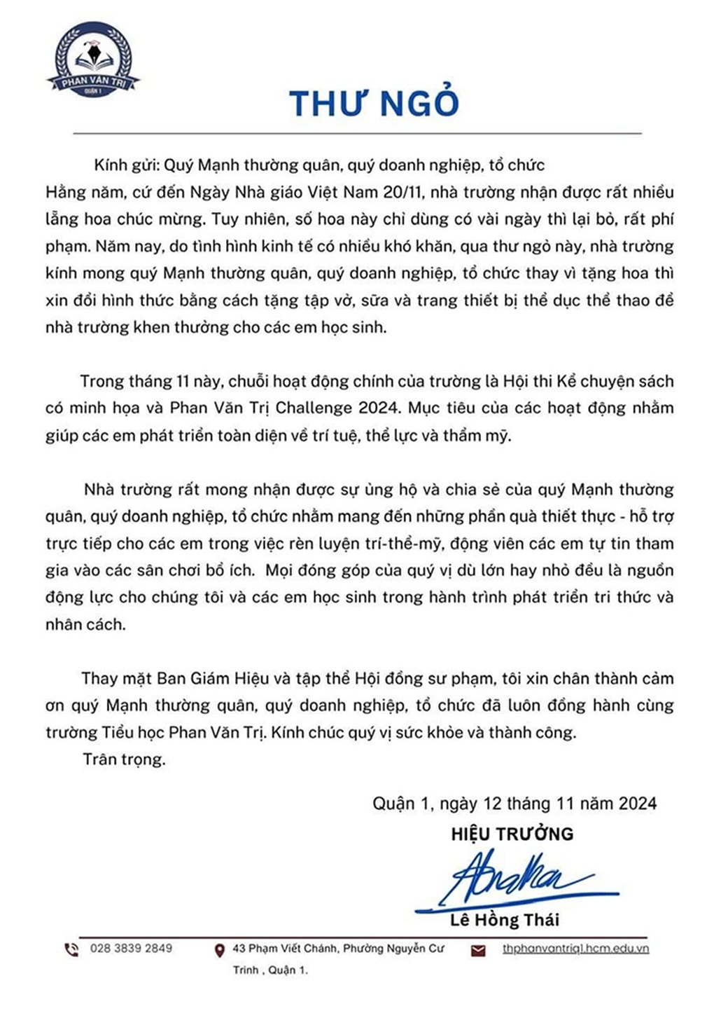 Viết thư từ chối nhận hoa, quà 20/11, hiệu trưởng đưa đề nghị bất ngờ - 1 Viết thư từ chối nhận hoa, quà 20/11, hiệu trưởng đưa đề nghị bất ngờ - 1