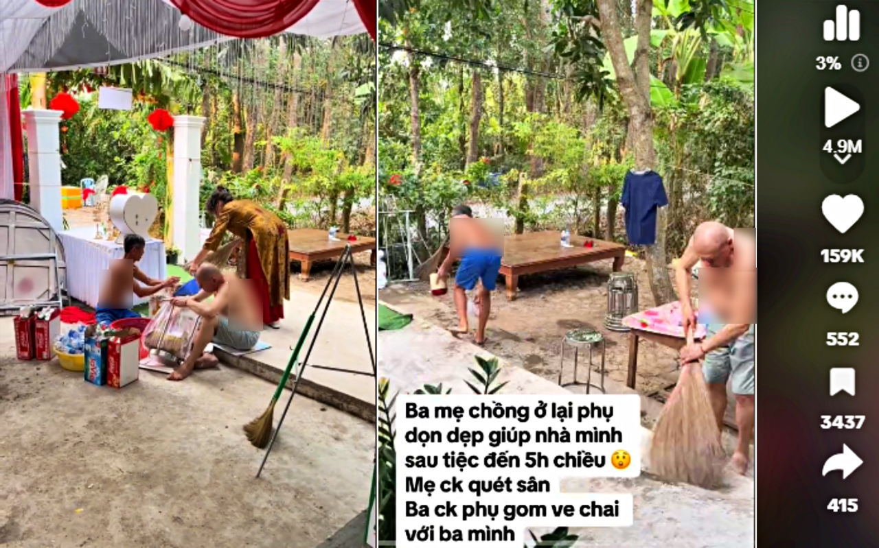Mẹ chồng Pháp ngồi ghe đón dâu, quét sân giúp thông gia Việt sau đám cưới - Ảnh 1. Mẹ chồng Pháp ngồi ghe đón dâu, quét sân giúp thông gia Việt sau đám cưới - Ảnh 1.