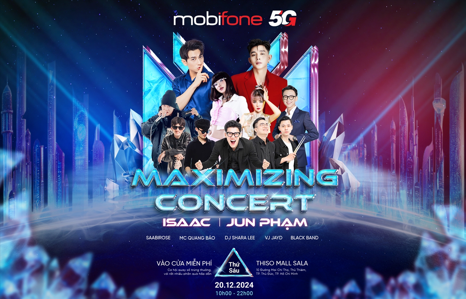 Khách hàng khi tham dự đêm nhạc Maximizing Concert tại TP.HCM ngoài được nghe dàn nghệ sĩ đình đám: Issac, Jun Phạm, Saabirose… trình diễn thì còn có cơ hội trải nghiệm miễn phí các sản phẩm - dịch vụ – giải pháp 5G của MobiFone. Khách hàng khi tham dự đêm nhạc Maximizing Concert tại TP.HCM ngoài được nghe dàn nghệ sĩ đình đám: Issac, Jun Phạm, Saabirose… trình diễn thì còn có cơ hội trải nghiệm miễn phí các sản phẩm - dịch vụ – giải pháp 5G của MobiFone.