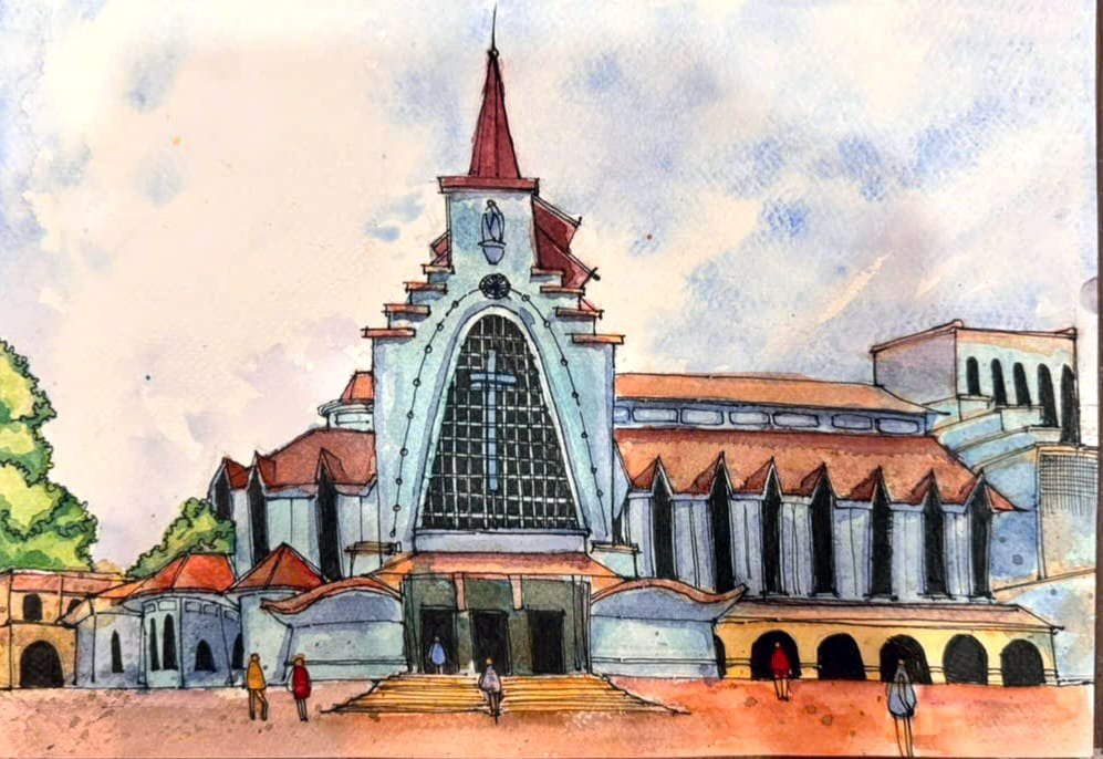 Góc ký họa: Nhà thờ có thánh giá làm từ xác máy bay- Ảnh 1. Góc ký họa: Nhà thờ có thánh giá làm từ xác máy bay- Ảnh 1.