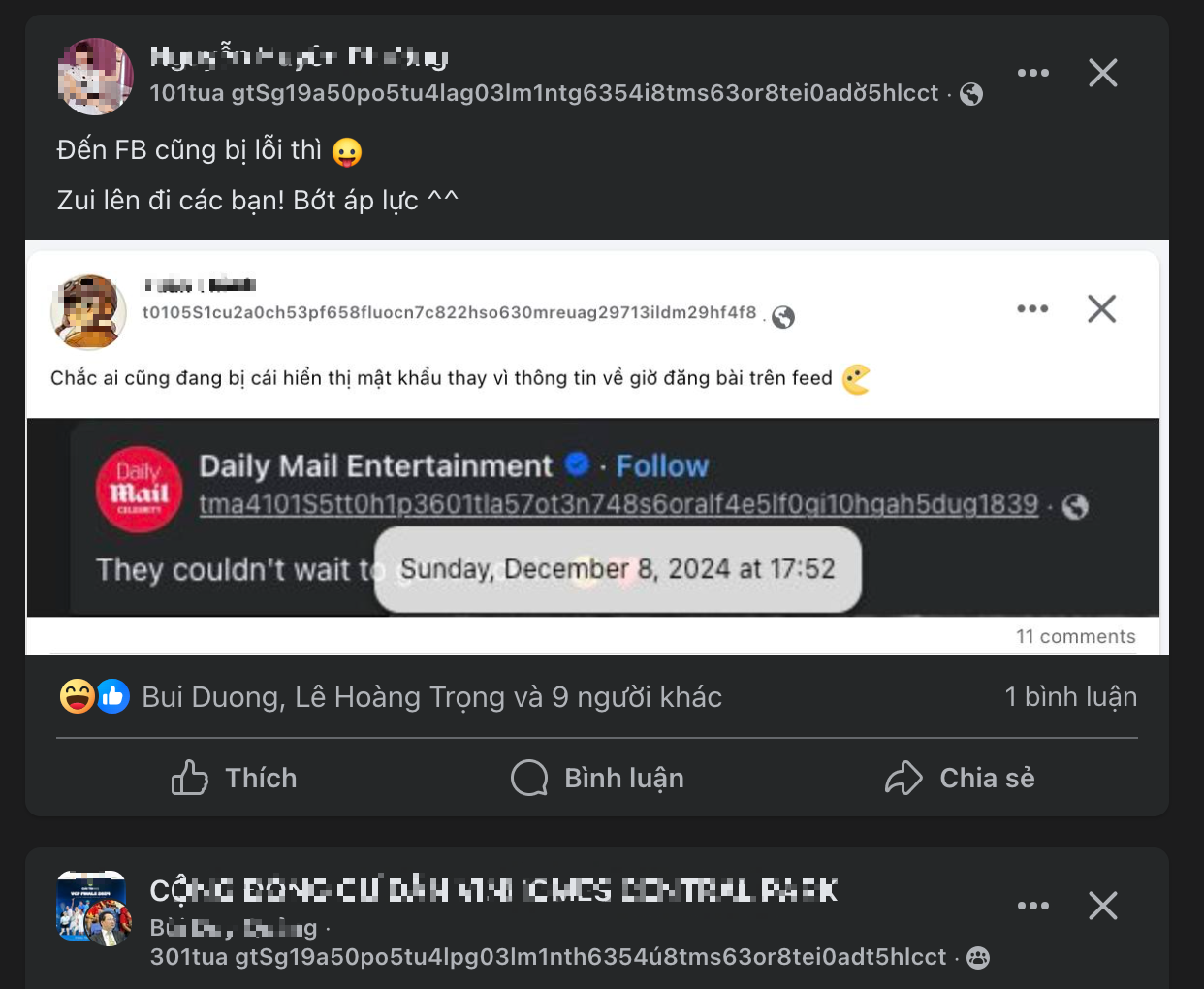 Nhiều người dùng Việt lo lắng vì dòng code lạ hiển thị trên Facebook - Ảnh 1. Nhiều người dùng Việt lo lắng vì dòng code lạ hiển thị trên Facebook - Ảnh 1.