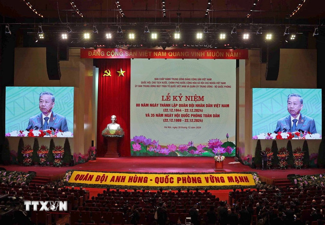 Tổng Bí thư Tô Lâm, Bí thư Quân ủy Trung ương đọc Diễn văn Kỷ niệm 80 năm Ngày thành lập Quân đội Nhân dân Việt Nam, 35 năm Ngày hội Quốc phòng toàn dân. (Ảnh: Thống Nhất/TTXVN) ttxvn-2012-tong-bi-thu-quan-doi-17.jpg