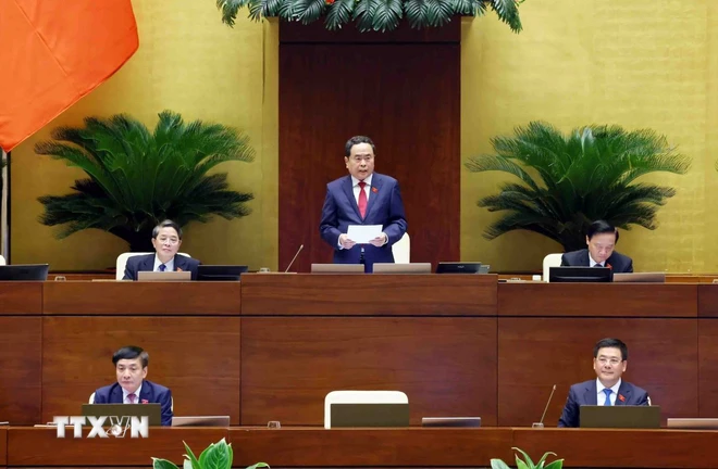 Chủ tịch Quốc hội Trần Thanh Mẫn phát biểu mở đầu phần chất vấn nhóm vấn đề thuộc lĩnh vực công thương. (Ảnh: Phạm Kiên/TTXVN) ttxvn_tran thanh man .jpg